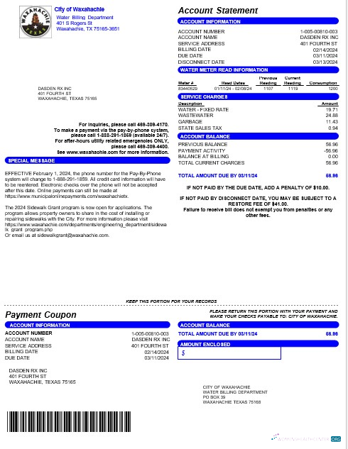 Download USA CITY OF WAXAHACHIE business utility bill Word and PDF template Photoshop template